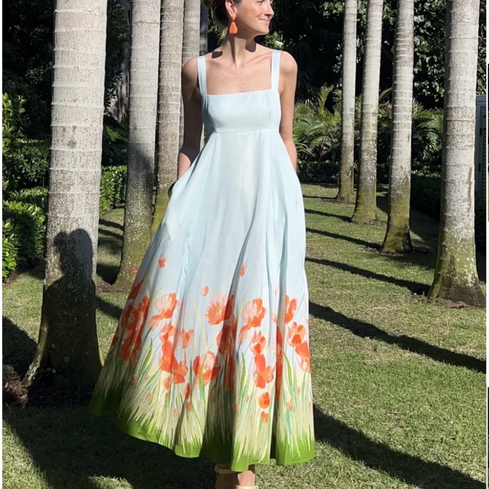 Hill House Rowena Poppy - Light Blue and Orange Floral Maxi Dress